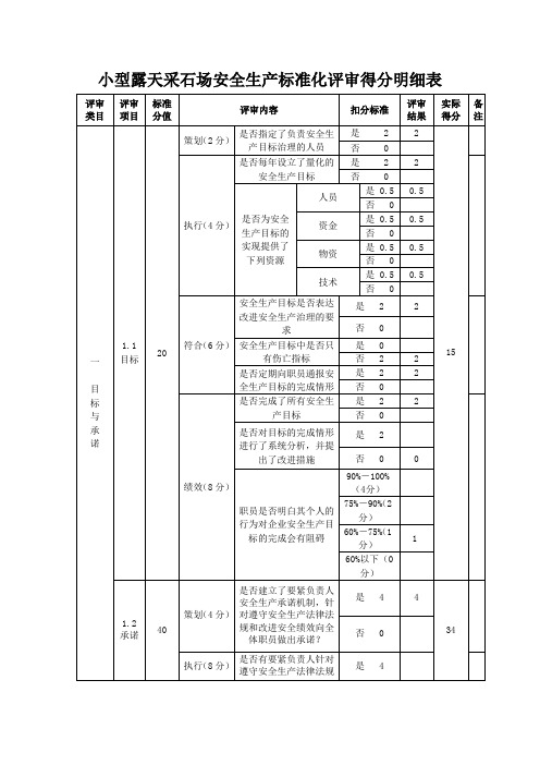 小型露天采石场安全生产标准化评审得分明细表