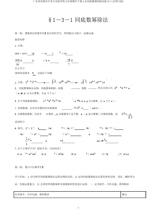 广东省河源市中英文实验学校七年级数学下册1.3同底数幂的除法练习()(北师大版)