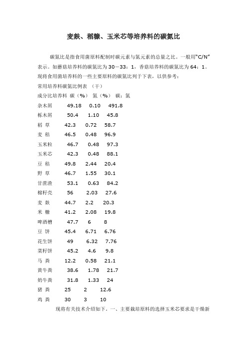 麦麸、稻糠、玉米芯等培养料的碳氮比