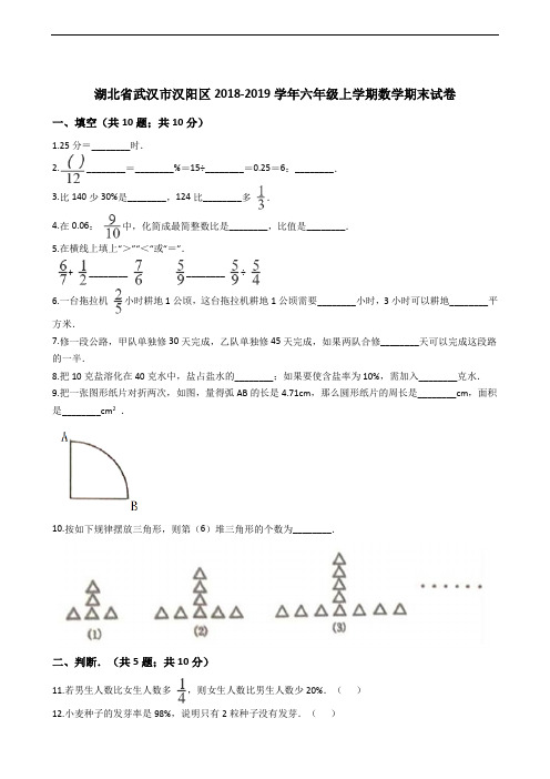 湖北省武汉市汉阳区2018-2019学年六年级上学期数学期末试卷