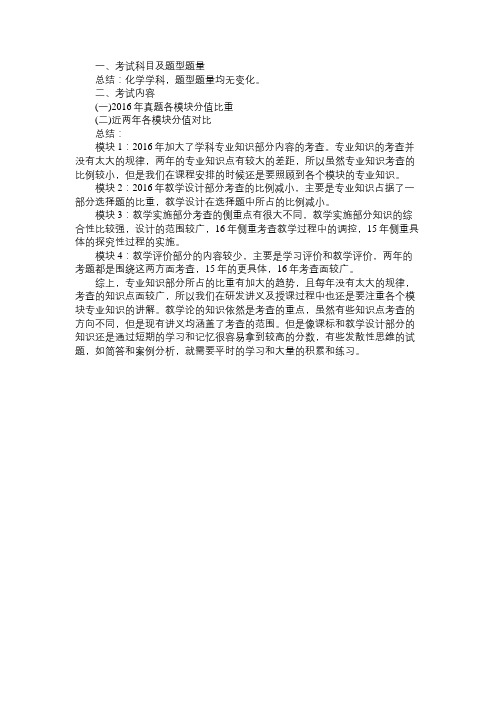 2016年上半年教师资格学科知识与教学能力《高中化学》考情分析