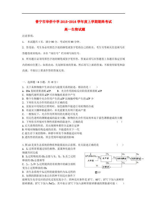 广东省揭阳市普宁市华侨中学高一生物上学期期终考试试卷