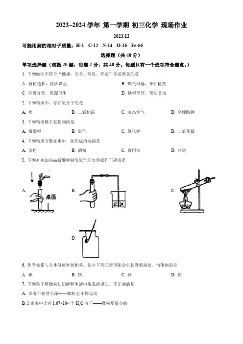 江苏省苏州市苏州高新区实验初级中学2023-2024学年九年级上学期12月月考化学试题(含答案)