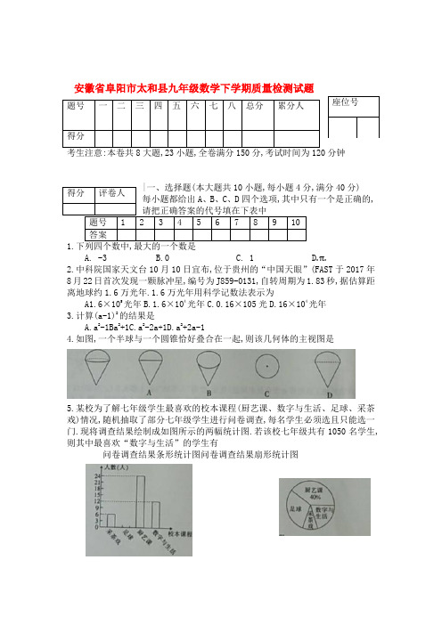 安徽省阜阳市太和县九年级数学下学期质量检测试题(1)