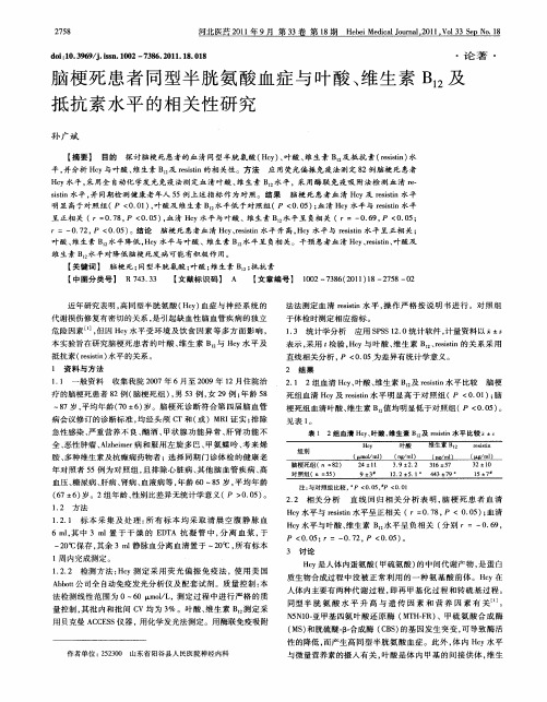 脑梗死患者同型半胱氨酸血症与叶酸、维生素B12及抵抗素水平的相关性研究