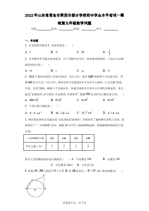 2022年山东省青岛市莱西市部分学校初中学业水平考试一模检测九年级数学试题