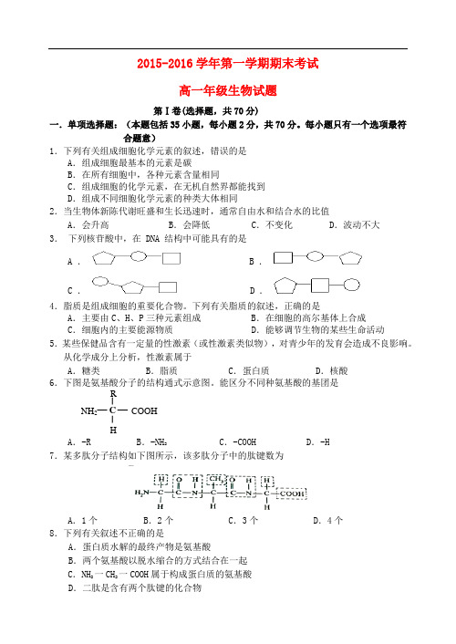 江苏省大丰市新丰中学高一生物上学期期末考试试题