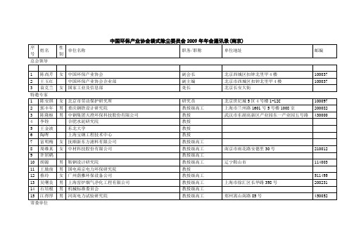 中国环保产业协会袋式除尘委员会2009年年会通讯录(南京)