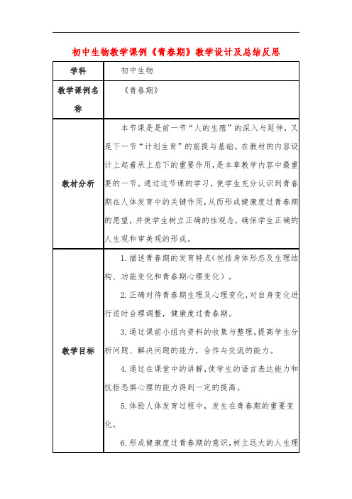 初中生物教学课例《青春期》课程思政核心素养教学设计及总结反思