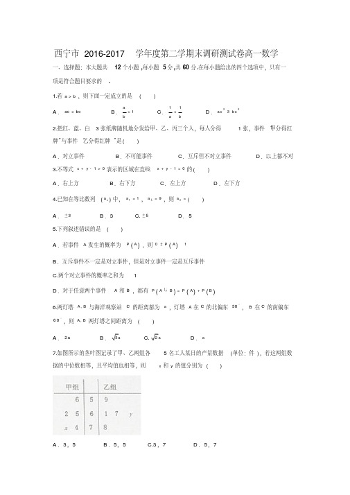 2016-2017学年青海省西宁市高一数学下期末考试试题