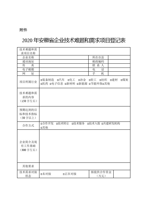 2020年安徽省企业技术难题和需求项目登记表