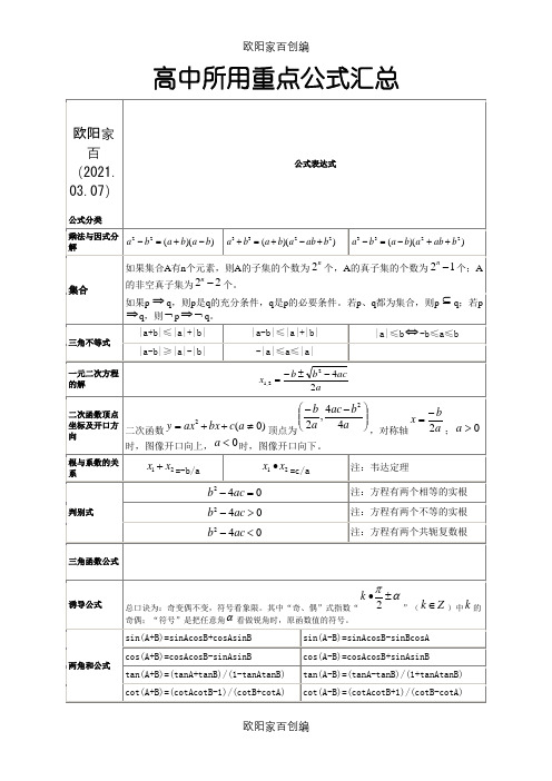 高中数学公式一览表之欧阳家百创编