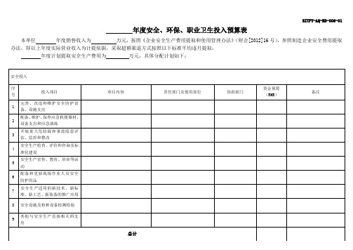 安全、环保、职业卫生投入费用预算表