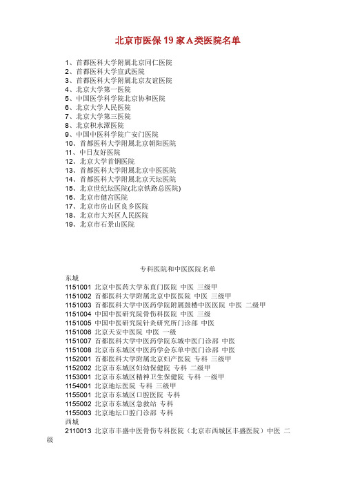 北京市医保19家A类医院的、专科医院和中医医院名单.doc