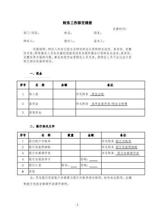 财务工作移交清册