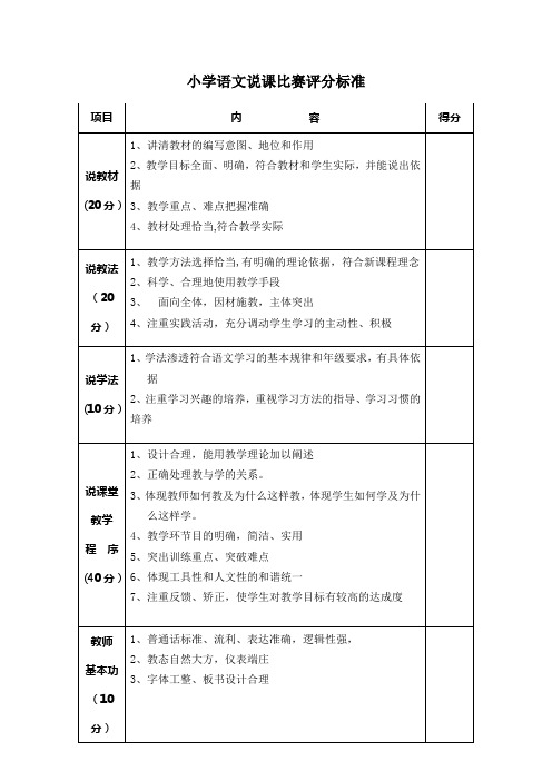 小学语文说课比赛评分标准