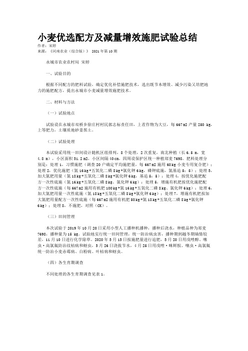 小麦优选配方及减量增效施肥试验总结
