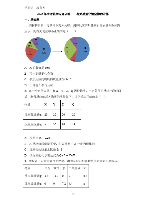 2023年中考化学专题训练——有关质量守恒定律的计算