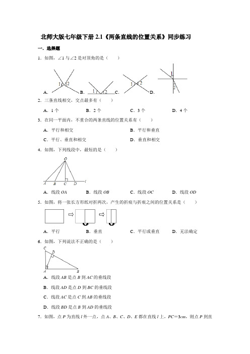 北师大版七年级下册2.1 两条直线的位置关系 同步练习