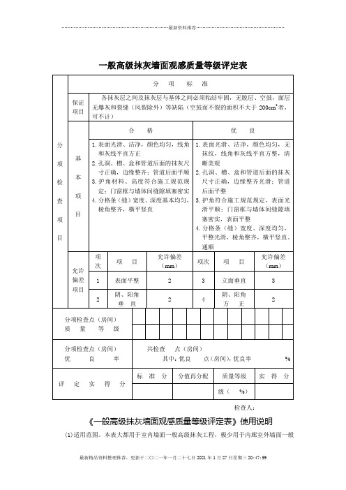 一般高级抹灰墙面观感质量等级评定表