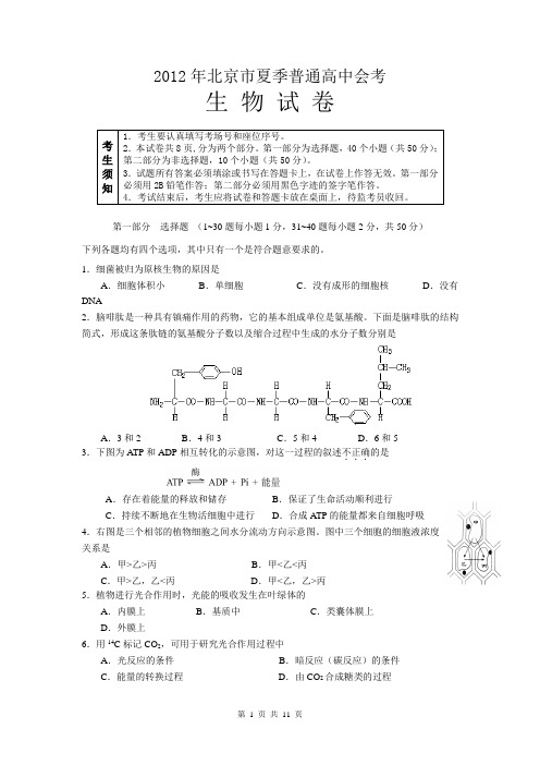 2012年北京市夏季普通高中会考(新课程)生物_Word版含答案