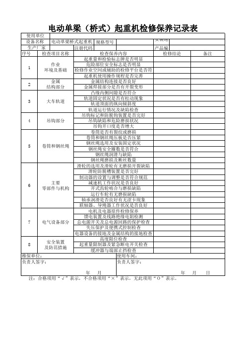 电动单梁(桥式)起重机检修保养记录表