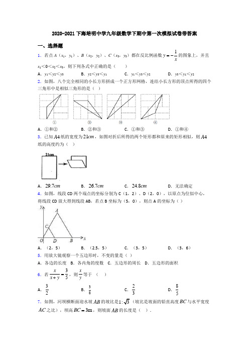 2020-2021下海培明中学九年级数学下期中第一次模拟试卷带答案