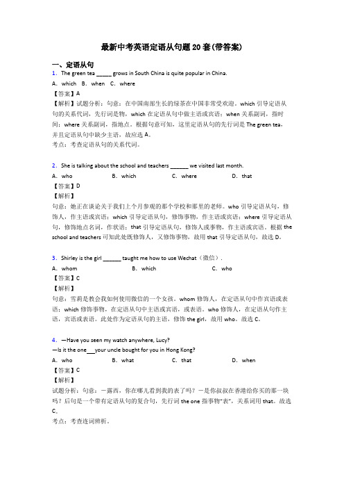 最新中考英语定语从句题20套(带答案)