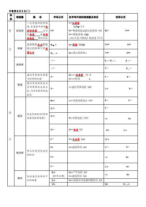 初中物理九年级物理公式大全