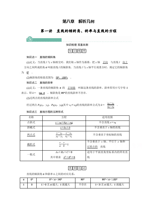 (复习指导)第八章第一讲 直线的倾斜角、斜率与直线的方程含答案