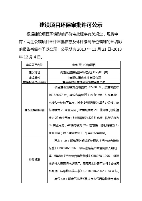 中商旺达实业有限公司中商两江公馆项目申请立项环境影响评估报告书