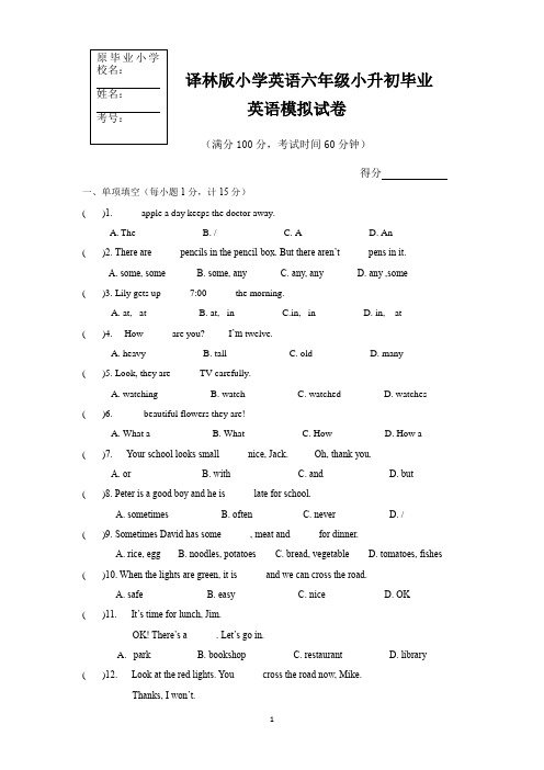 译林版小学英语六年级小升初毕业英语试卷及参考答案