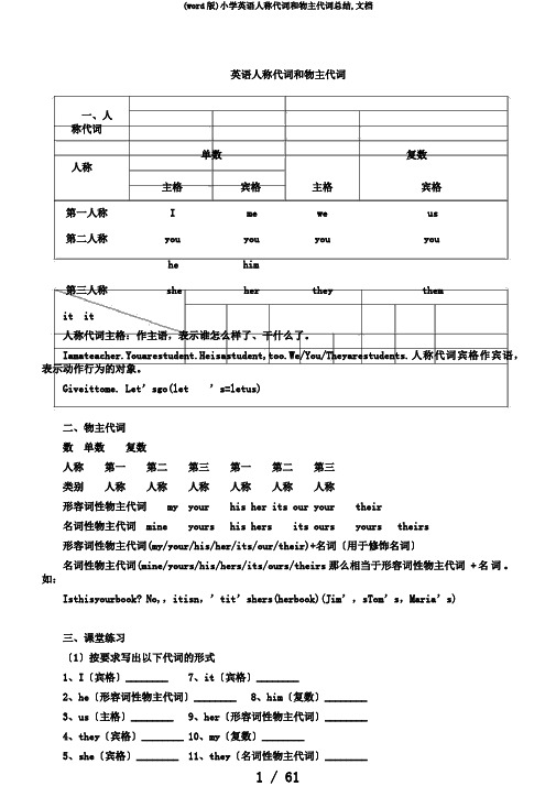 (word版)小学英语人称代词和物主代词总结,文档