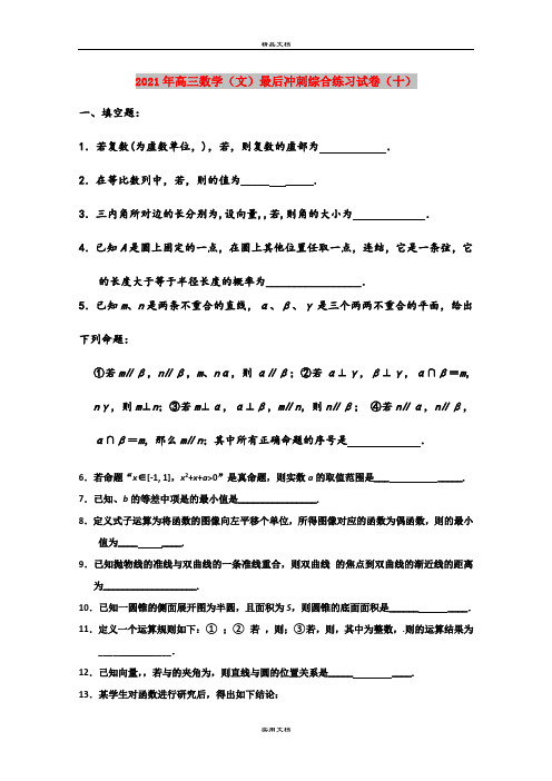 2021年高三数学(文)最后冲刺综合练习试卷(十)