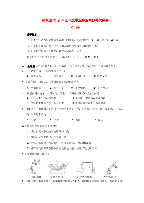 湖南省邵阳县2016届九年级化学第二次模拟试题