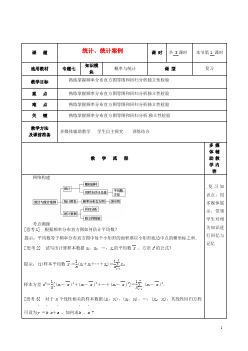 高三数学专题复习 7.3统计、统计案例教案(第1课时)