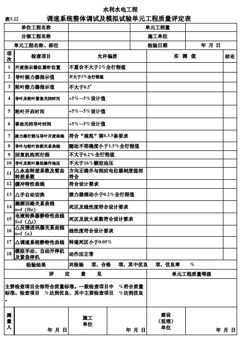 表3.22 调速系统整体调试及模拟试验单元工程质量评定表