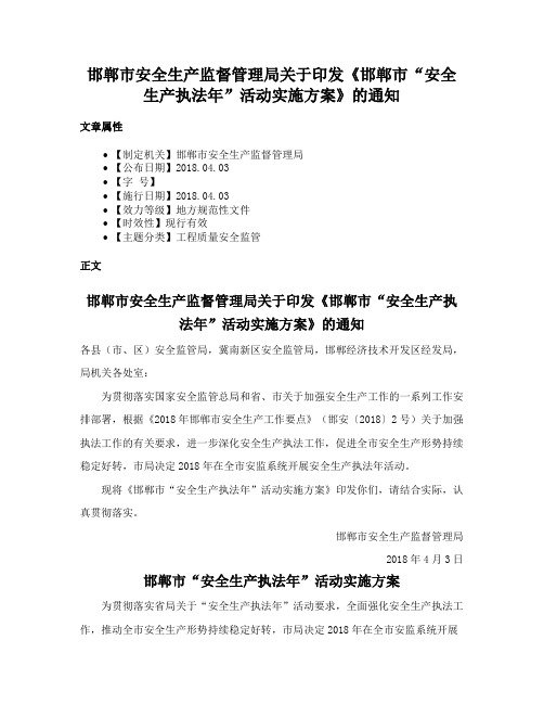 邯郸市安全生产监督管理局关于印发《邯郸市“安全生产执法年”活动实施方案》的通知