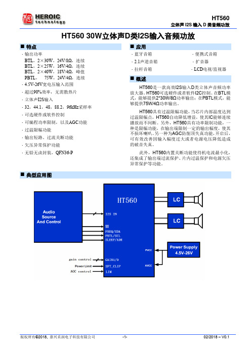 HT560 30W立体声_75W单声道I2S数字输入D类音频功放IC)