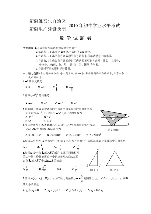 2010年新疆建设兵团中考数学试卷及解析