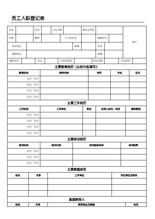 员工入职登记表格模板(正式表格模板)