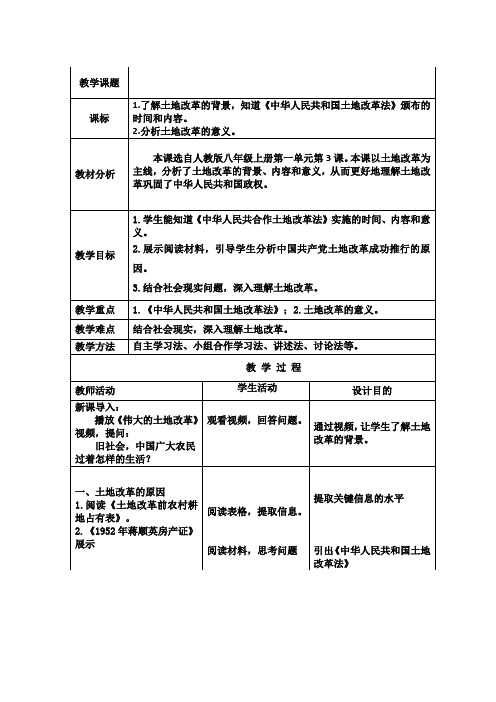 人教新课标初中历史八年级下册《第3课 土地改革》优质课教学设计_3