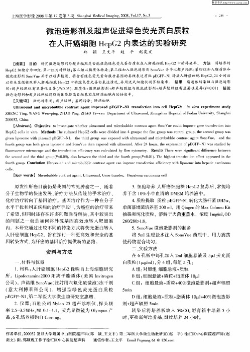 微泡造影剂及超声促进绿色荧光蛋白质粒在人肝癌细胞HepG2内表达的实验研究