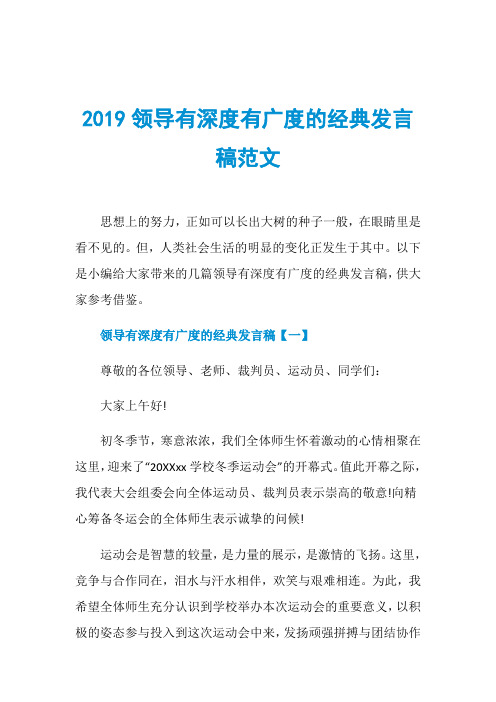 2019领导有深度有广度的经典发言稿范文