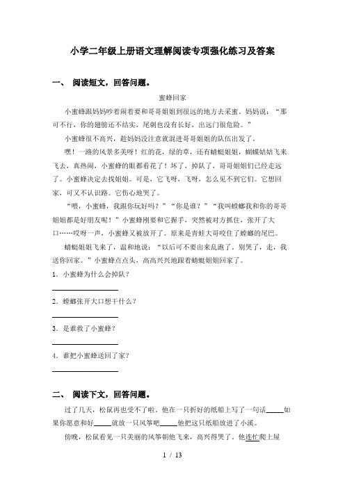 小学二年级上册语文理解阅读专项强化练习及答案