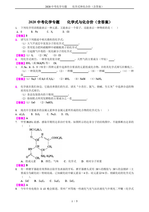 2020中考化学专题    化学式和化合价(含答案)