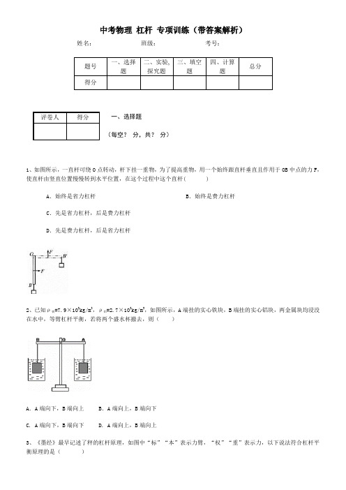 中考物理 杠杆 专项训练(带答案解析)