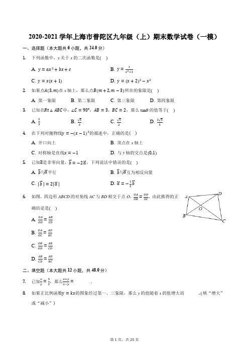 2020-2021学年上海市普陀区九年级(上)期末数学试卷(一模)