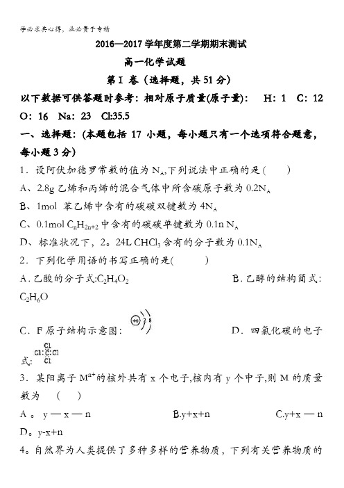 江西省赣州市信丰县信丰中学2016-2017学年高一下学期期末考试化学试题含答案