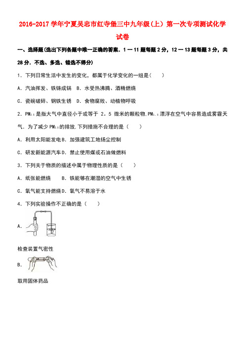 宁夏吴忠市红寺堡九年级化学上学期第一次专项测试试卷(含解析)新人教版